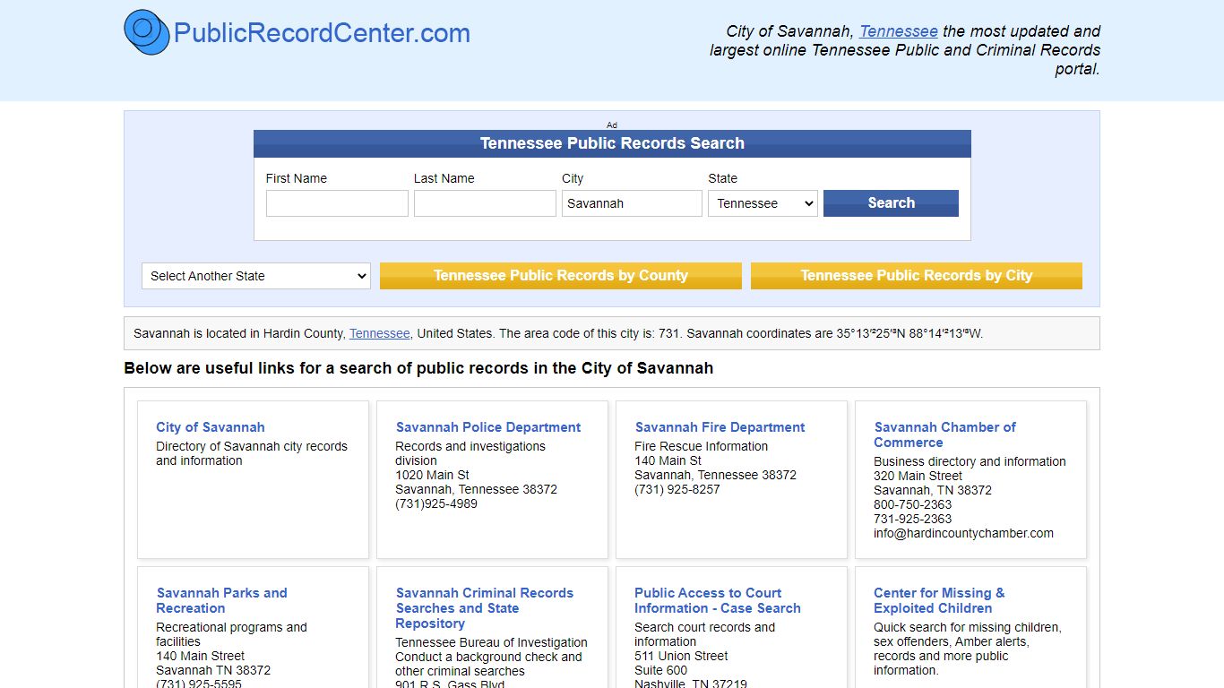 Savannah Tennessee Public Records and Criminal Background Check